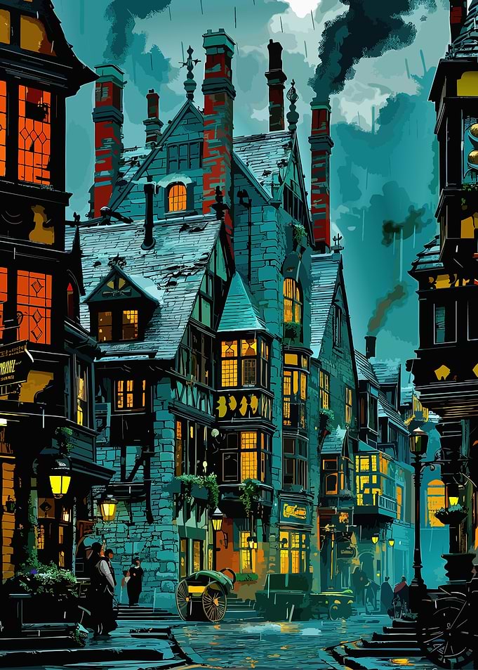 Rainy Victorian Street Scene