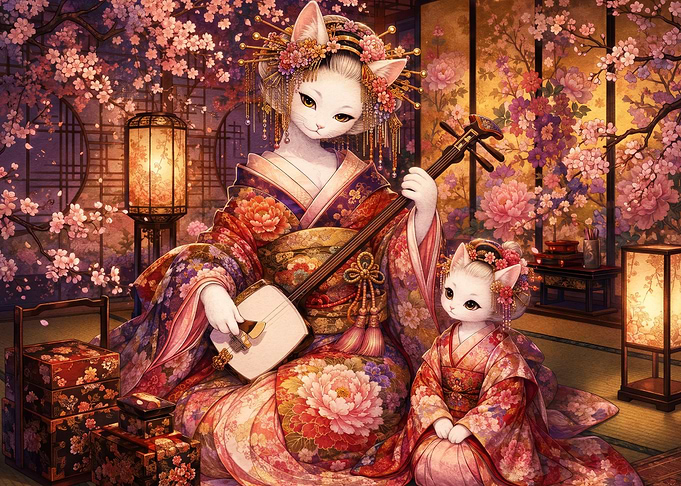 Anthropomorphic Cat Geisha and Kitten
