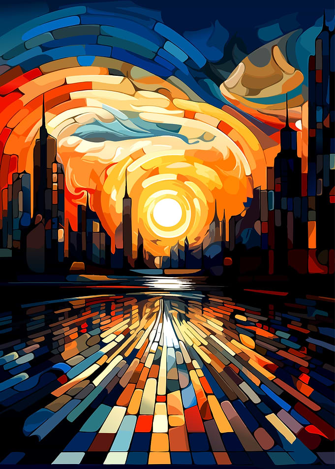 Stained Glass Style City Sunset
