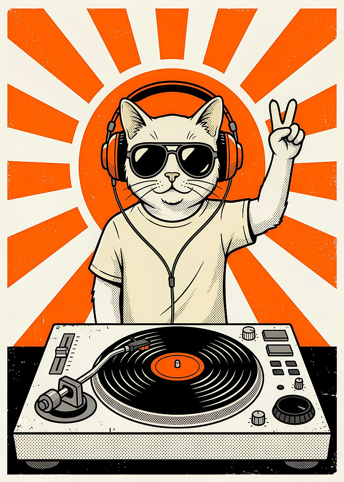 Funny Cool DJ Cat with Turntable Music