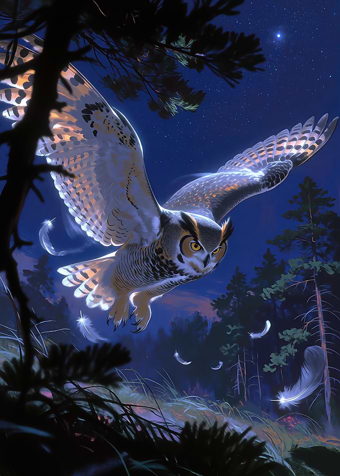 Great Horned Owl Flying at Night