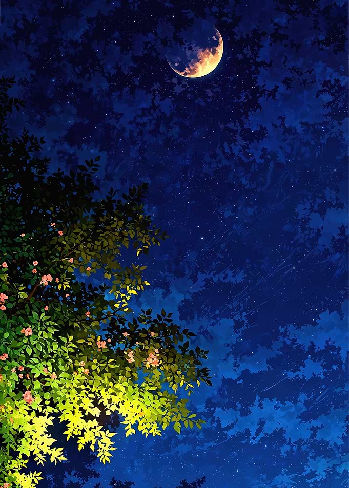 Crescent Moon Over Lush Tree Canopy
