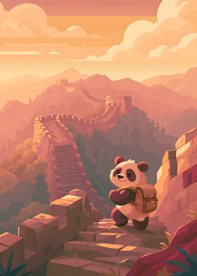 Panda Hiking the Great Wall