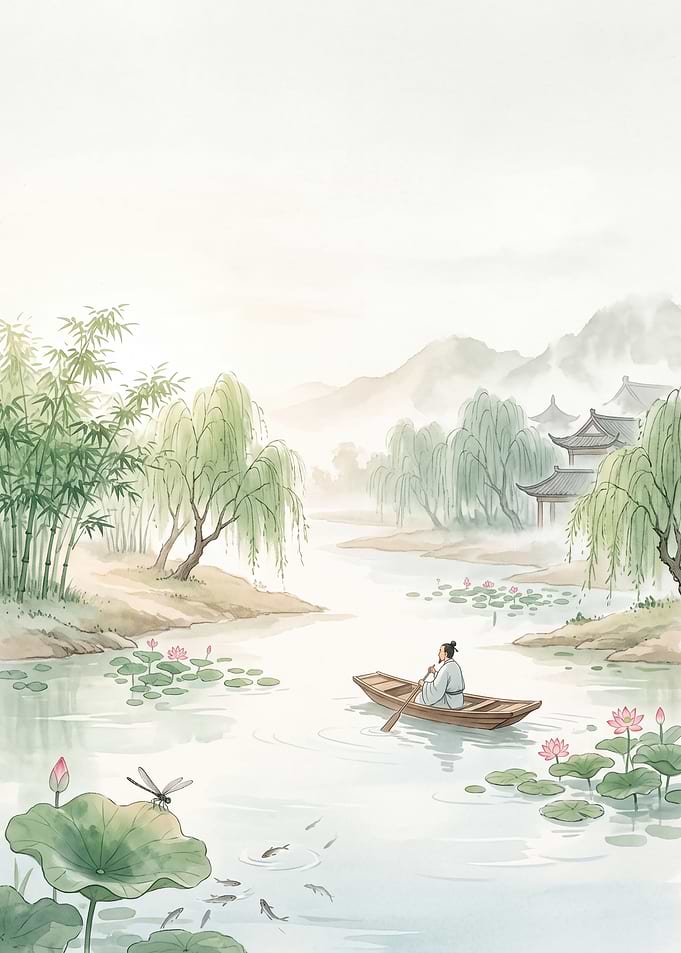 Traditional Chinese Landscape with Boatman