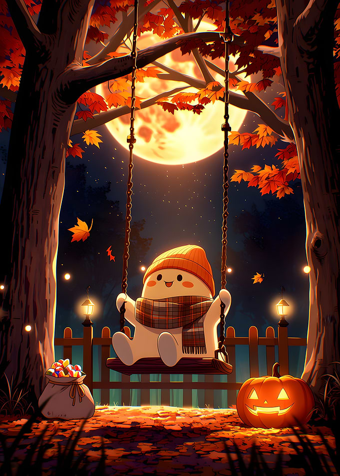 Cute Ghost Swinging on Autumn Night
