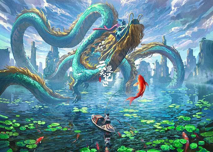 Giant Dragon and Fisherman on Lake