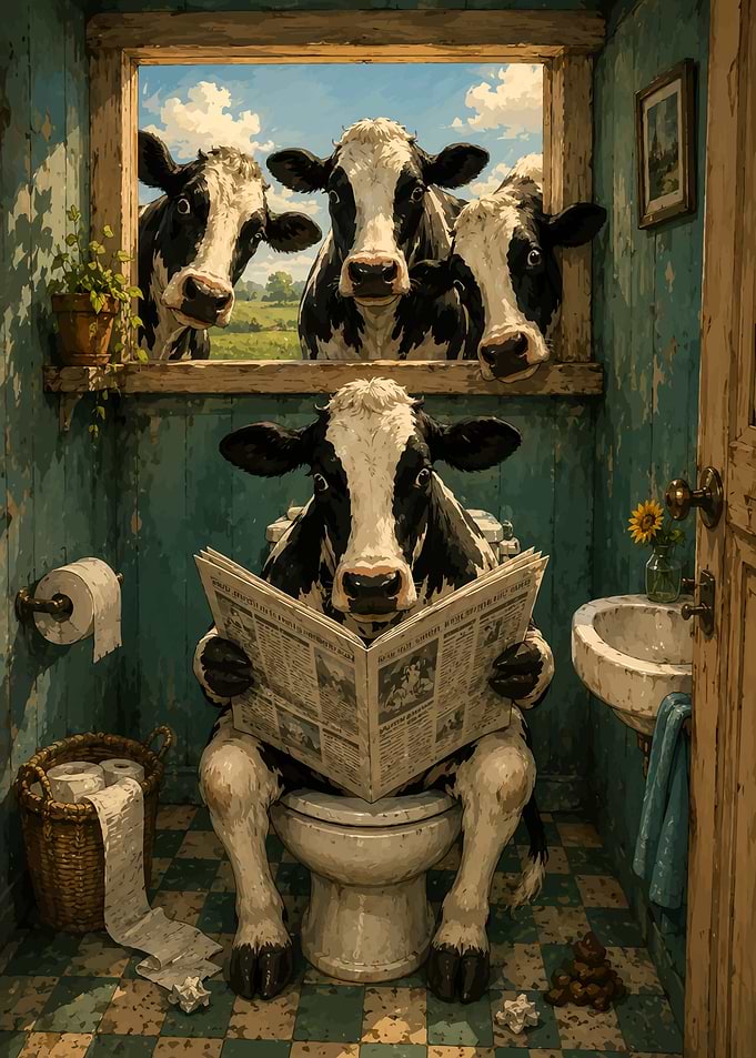 Cows Peeking at Bathroom Scene