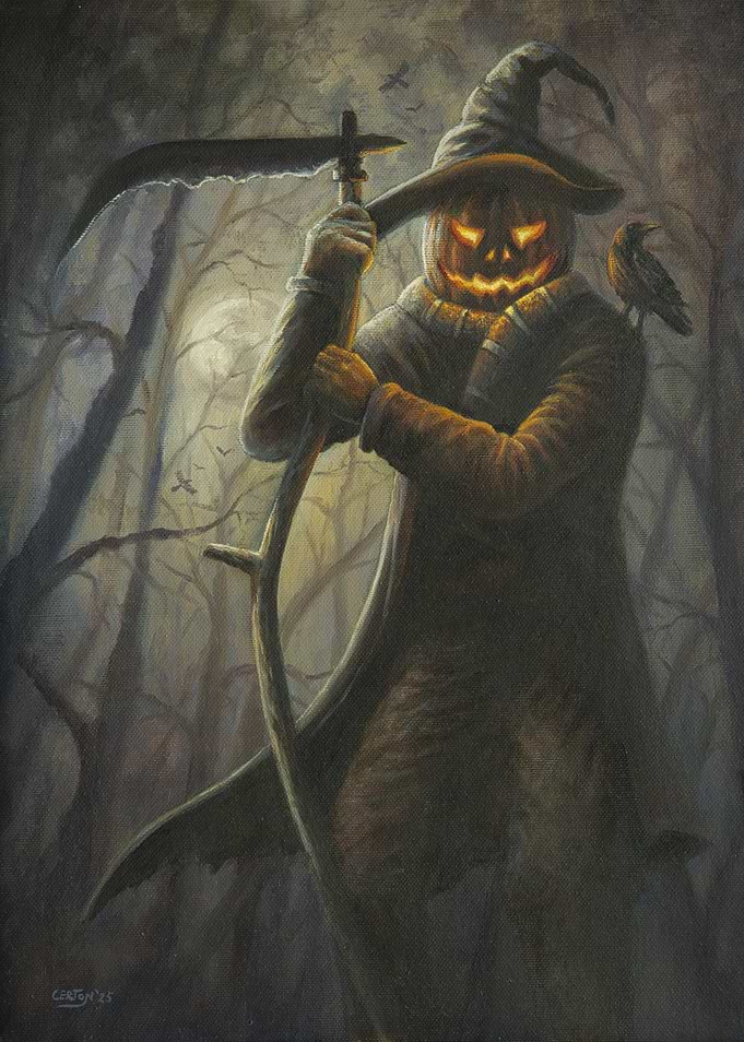Jack-o'-lantern Scarecrow in Dark Forest