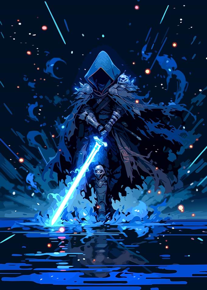Hooded Warrior with Glowing Blue Sword