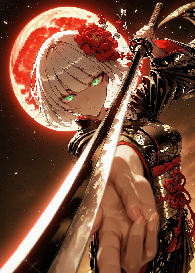 Anime Girl with Katana and Moon