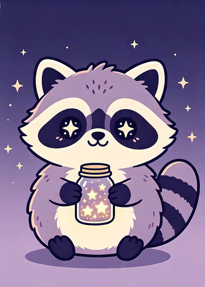 Cute Raccoon Holding Starry Jar