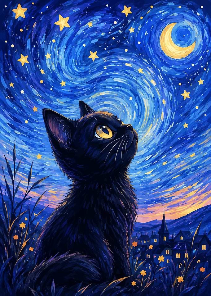 Black Cat Under Starry Night Sky