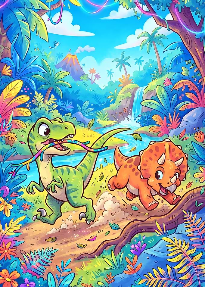 Cute Dinosaurs Playing in Jungle