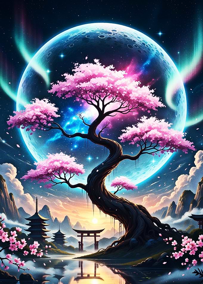 Mystical Moonlit Cherry Blossom Tree