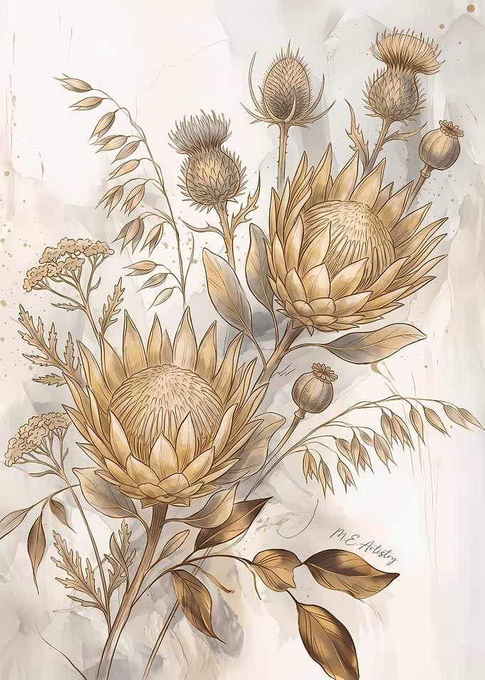 Elegant Golden Protea Botanical Illustration