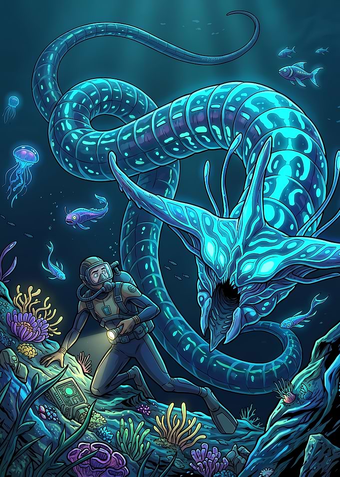 Scuba Diver Encountering Bioluminescent Sea Monster
