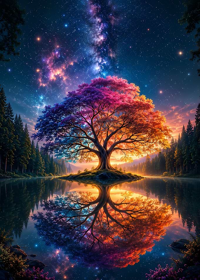 Bioluminescent Tree Under Milky Way