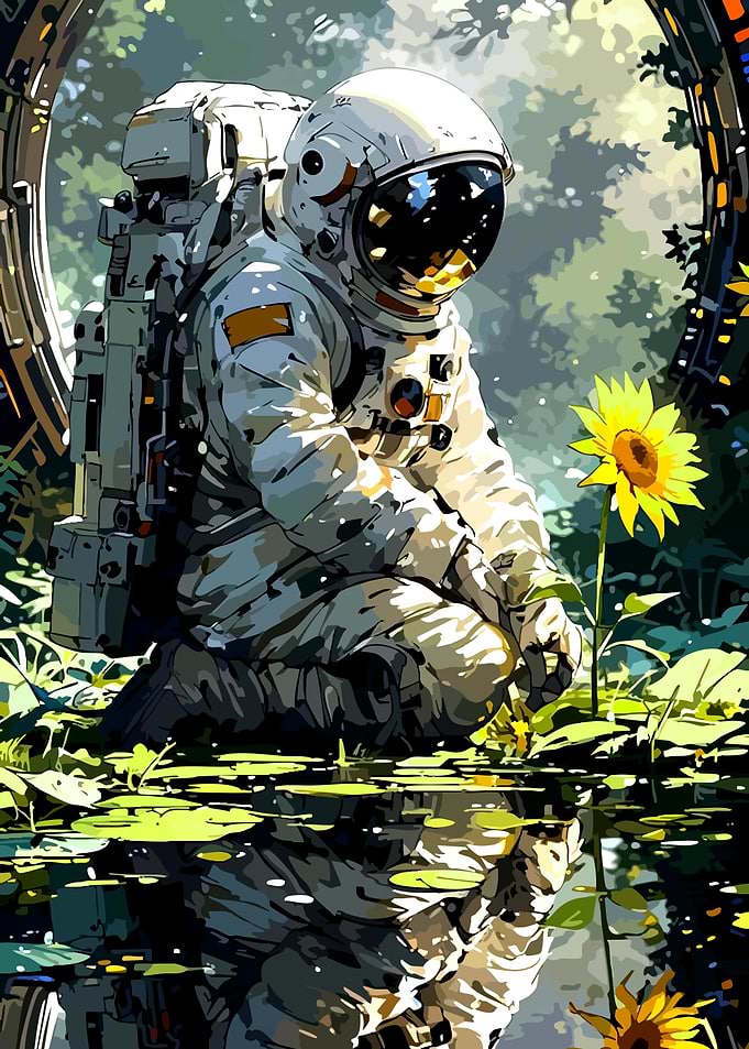 Astronaut Kneeling by a Sunflower