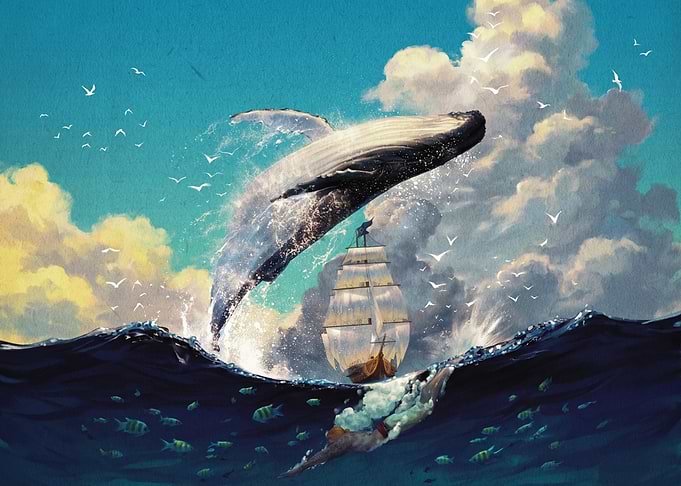 Whale Breaching Near Sailing Ship