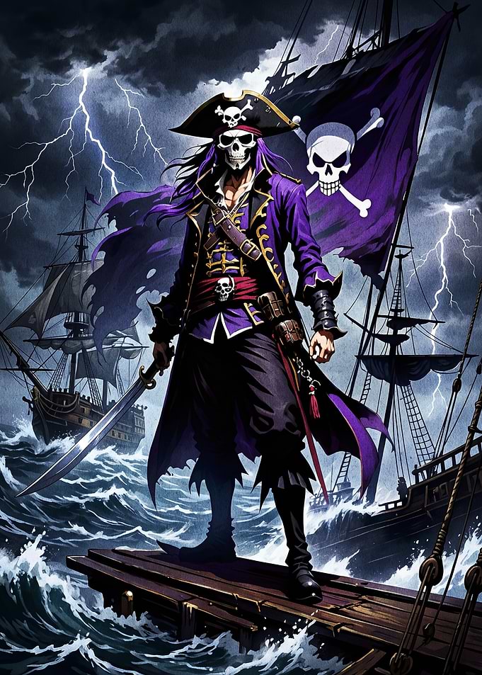 Skeleton Pirate Captain in Stormy Seas