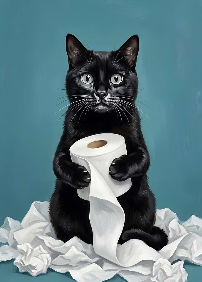 Black Cat Holding Toilet Paper Roll