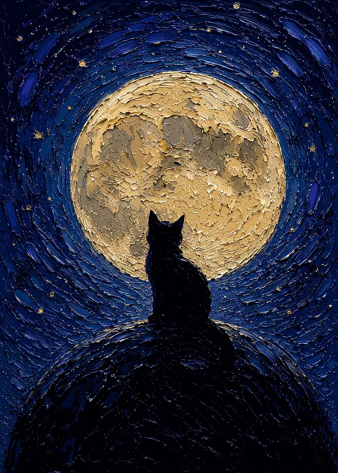 Black Cat Under Full Moon