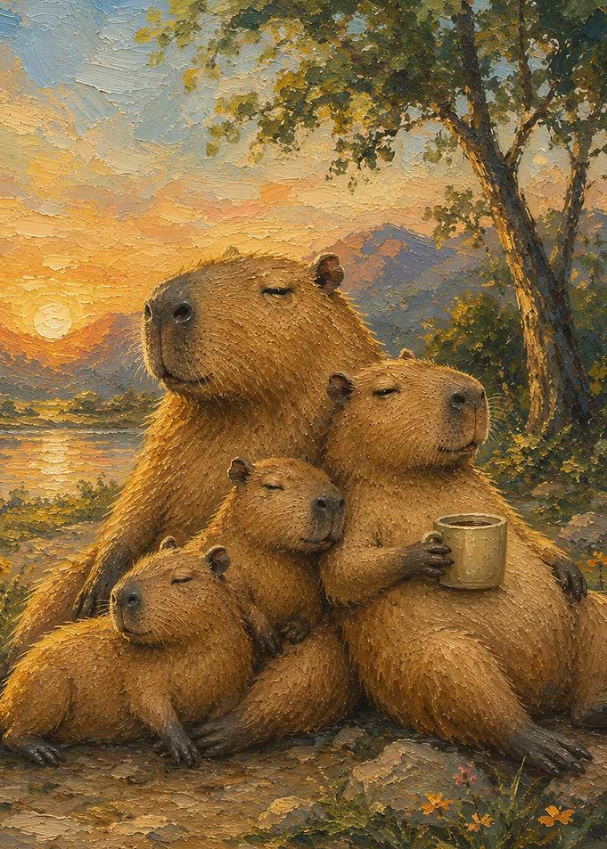 Capybara Family Enjoying Sunset Coffee