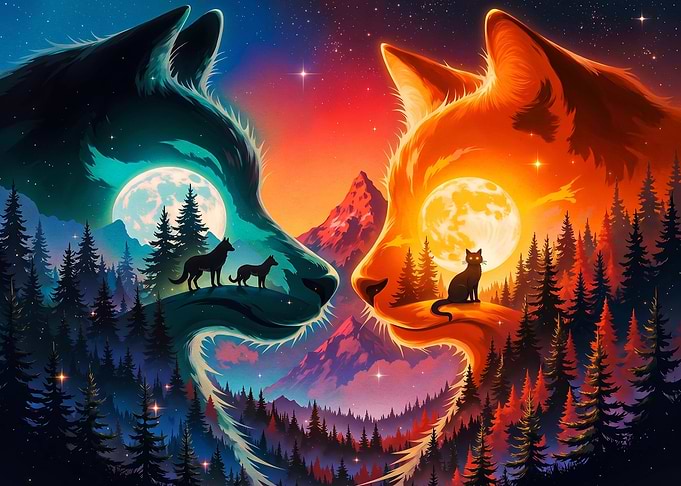 Dual Nature Wolf and Cat Landscape