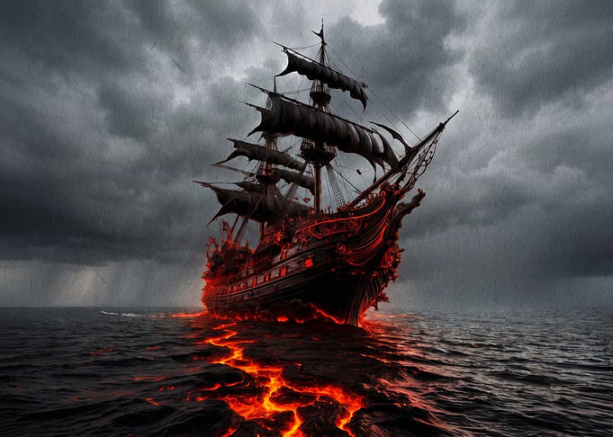 Ghost Ship Sailing on Lava