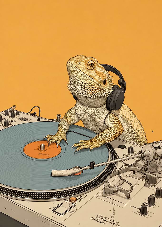 Bearded Dragon DJ Playing Vinyl