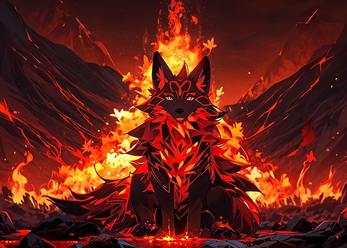 Fiery Elemental Wolf in Volcanic Landscape