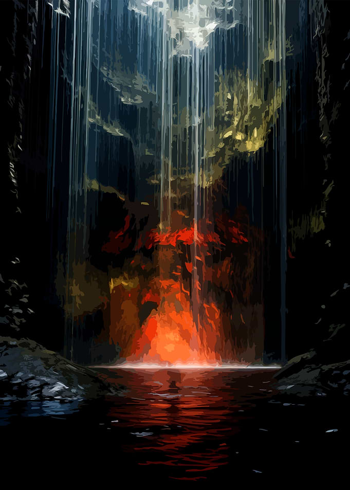 Fiery Waterfall in Dark Cave