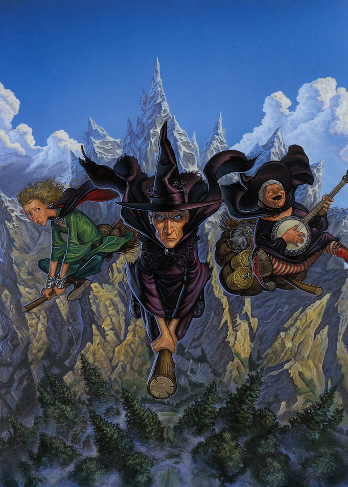 Discworld Witches Flying Over Mountains