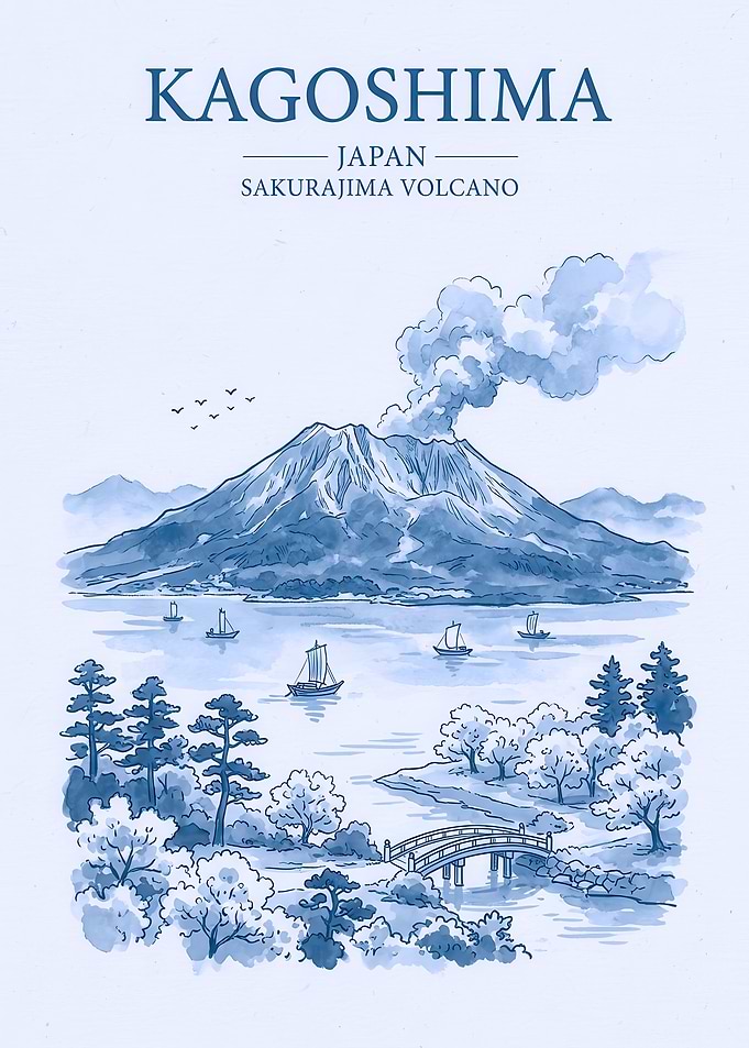 Kagoshima Sakurajima Volcano Travel Poster
