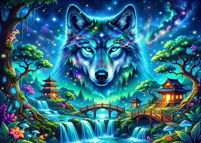 Celestial Wolf Over Mystical Asian Landscape