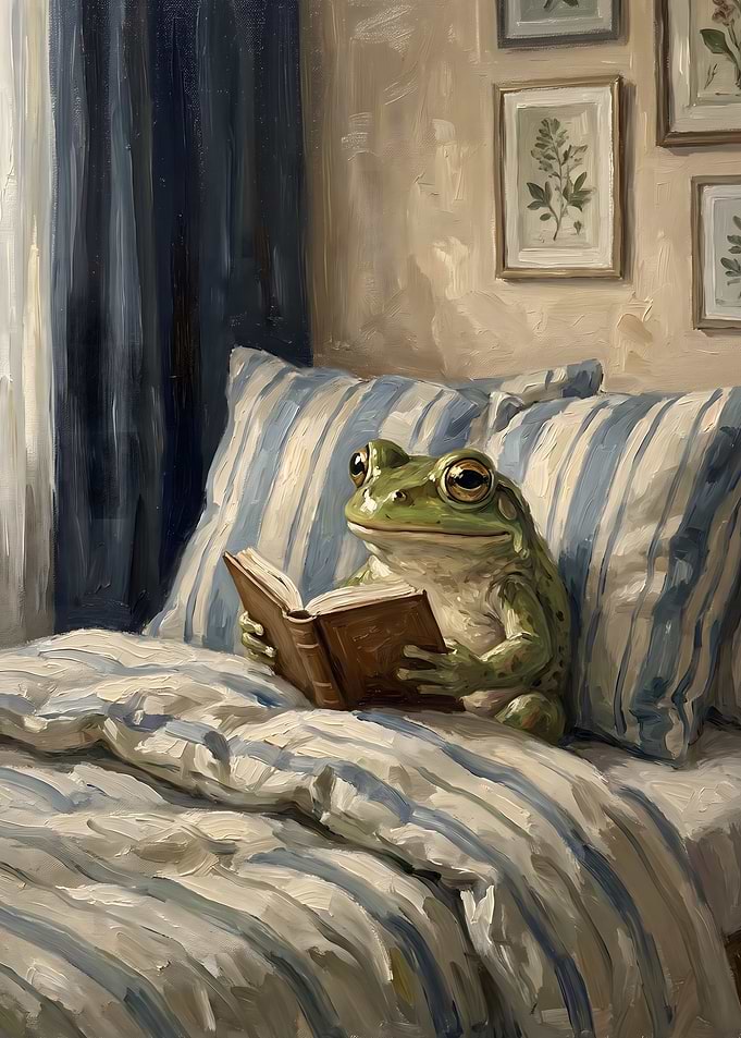 Frog Reading a Book in Bed
