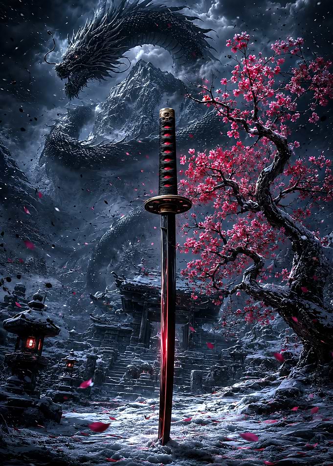 Katana Sword in Snowy Dragon Landscape