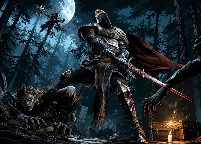 Knight Battling Monsters in Dark Forest