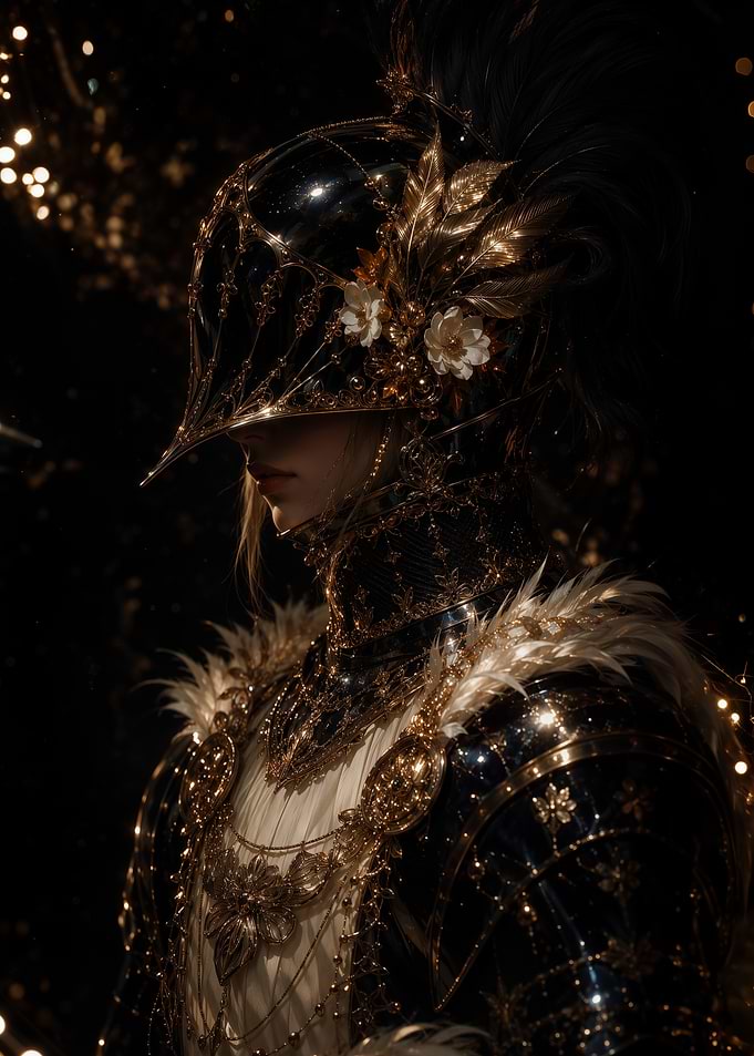 Elegant Knight in Ornate Golden and Black Armor