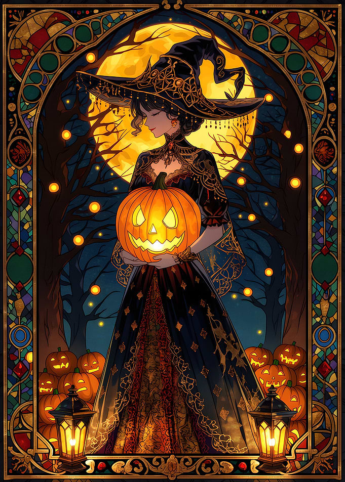 Art Nouveau Witch with Jack-o'-lantern
