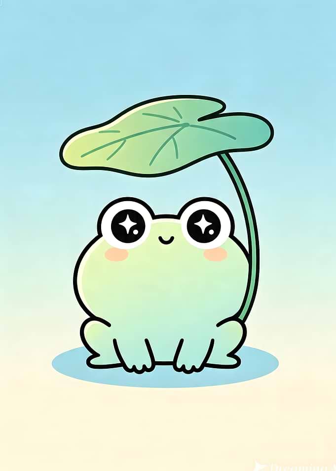Cute Kawaii Frog Under Leaf