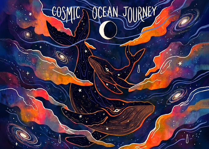Cosmic Ocean Journey Whale Illustration