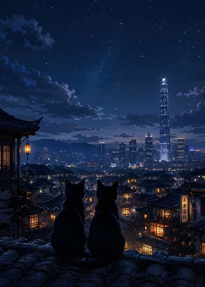Two Cats Watching City Night Skyline