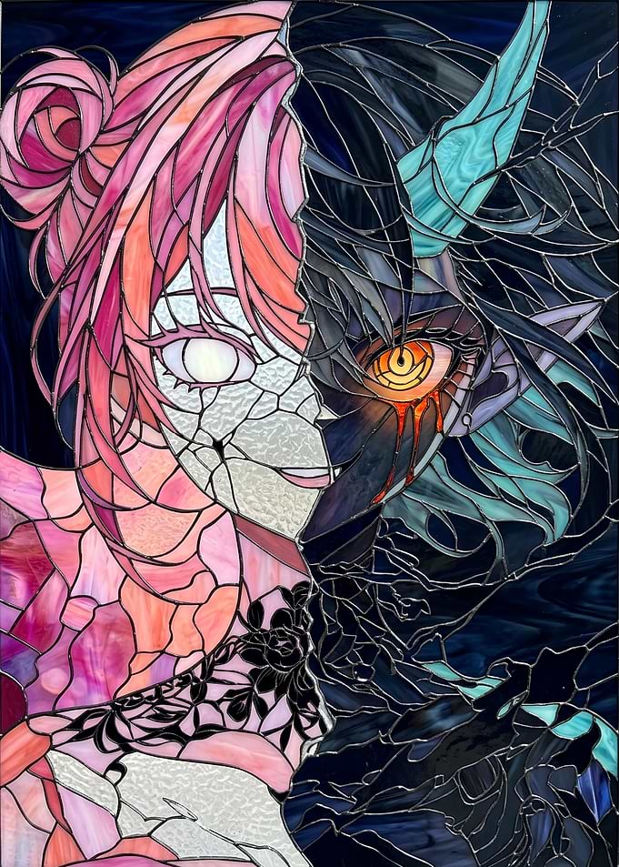 Stained Glass Split Face Anime Portrait