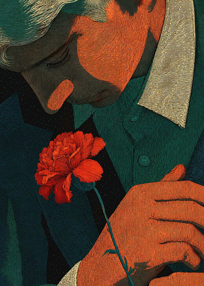 Man Holding Red Carnation Illustration