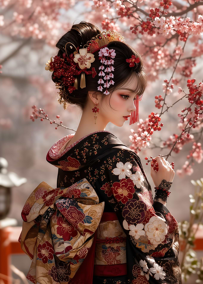 Elegant Woman in Traditional Japanese Kimono
