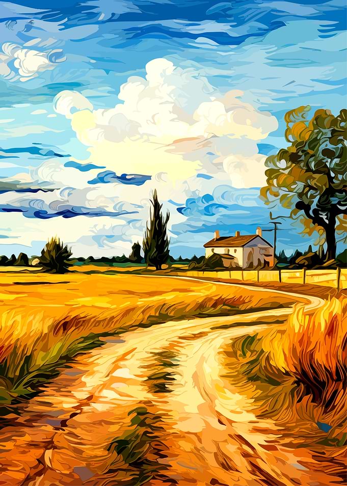 Country Road Through Golden Fields