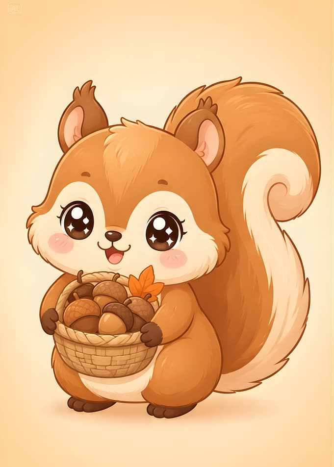 Cute Squirrel Holding Acorn Basket