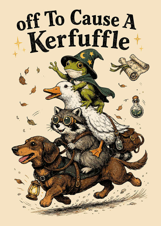 Off To Cause A Kerfuffle | Funny Adventure Animals Vintage Fantasy Wall Art Poster