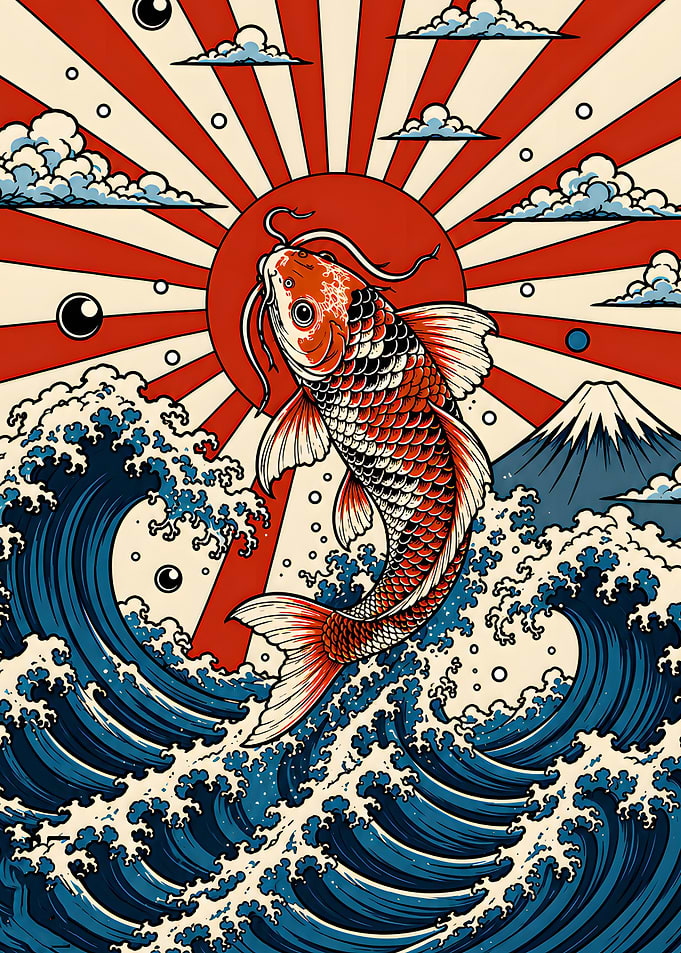 Koi Fish Jumping Over Ocean Waves